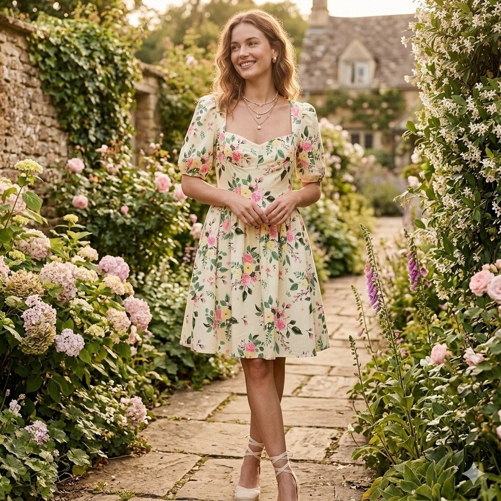 Yellow Floral Milkmaid Mini Dress Large Romantic Fairy Cottage Sweetheart Dainty